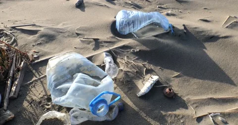 Plastic and garbage on a beach on a sunny day Stock Footage 169821441