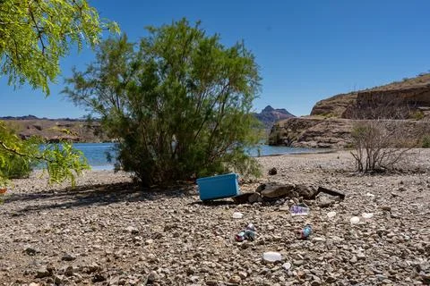 Plastic and Garbage Litter Left at a Campsite in Lake Mead National Rec Area Stock Photos