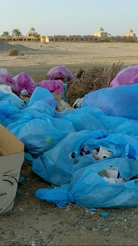 Plastic and other garbage pollutes the Egyptian desert, Resort hotel on Vídeos de archivo 262059928