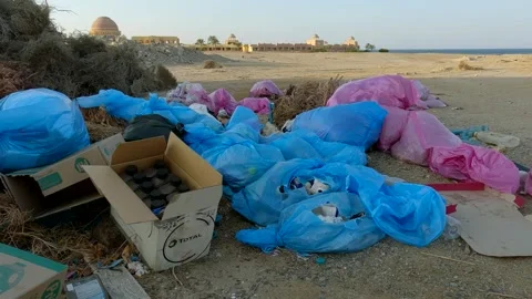 Plastic and other garbage pollutes the Egyptian desert, Resort hotel on Video stock 271338858