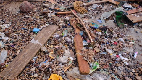Plastic and other garbage pollution on the embankment after a sea storm Vídeos de archivo 169107654