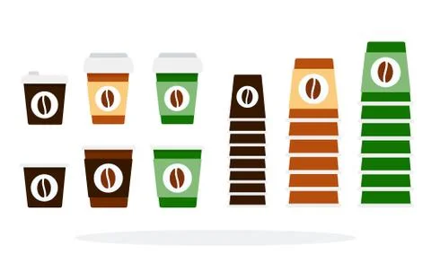 Plastic and paper cups large and small sizes for coffee vector flat isolated Stock Illustration
