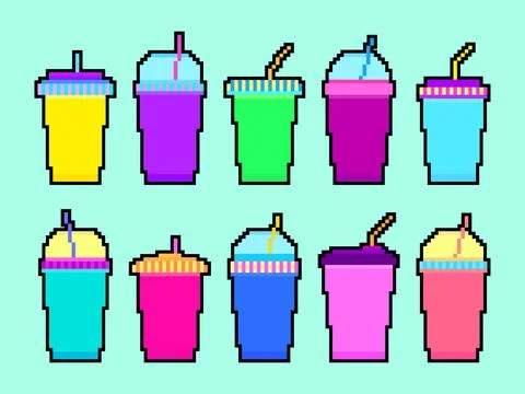 Plastic and paper cups in pixel art style. Pixel icons of paper glasses wit.. Illustrazione stock