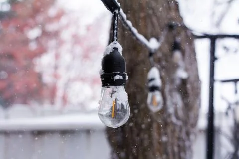 Plastic Backyard Lightbulbs Hanging On A Wire In The Snow Stock Photos