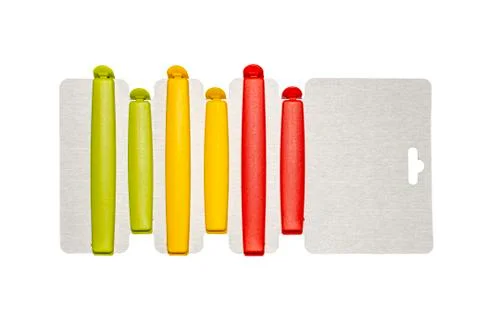 Plastic bag clips on a white background.Colored clothespins for open packages. Foto stock