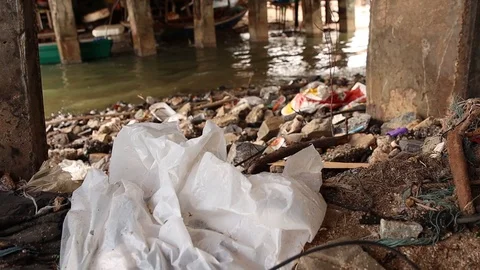 Plastic Bag Flapping In the Wind On Coastal Riverbank,Trash In Background(50fps) Stock Footage 120726074