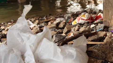 Plastic Bag Flapping In the Wind On Coastal Riverbank With Trash In Background Stock Footage 120726663