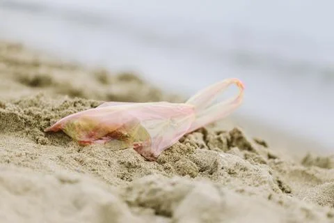 Plastic bag left on sandy beach Stock Photos