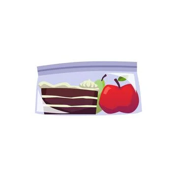 Plastic bag or box with lid with apple, pear and cake inside - flat vector Stock Illustration