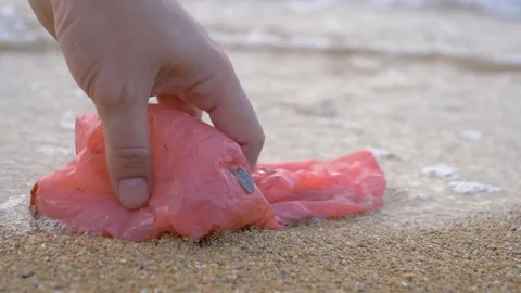Plastic Bag Picked Up On Beach Video stock 120491377