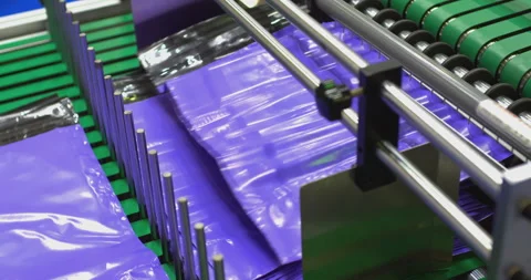Plastic bag production line processing purple film Stock Footage 303632673