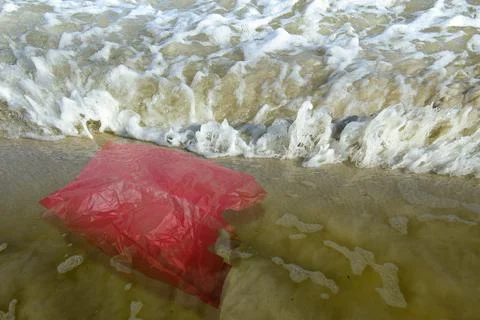Plastic bag on the sandy beach Stock Photos