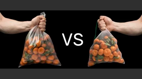 Plastic bag vs mesh bag. The battle of consumers for zero waste. Stock Photos