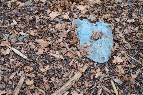 The plastic bag is in the woods. plastic garbage in the forest Stock Photos