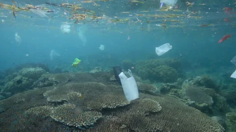 Plastic bags and other garbage floating underwater Stock Footage