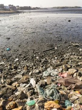 Plastic bags and pollution on the beach of karachi city Stock Photos