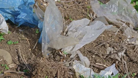 Plastic bags and trash polluting soil in nature Vidéo 335460654