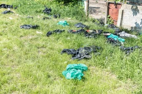 Plastic bags garbage dump on the grass near the forest ecological disaster Stock Photos