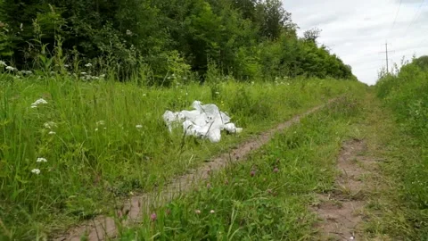 Plastic bags, plastic bottles lying on the grass, pollution of nature Stock Footage 133445345