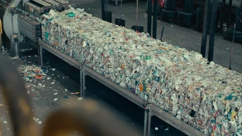 Plastic Bales Moving Along a Conveyor Belt in a Recycling Facility Vidéo 331166541