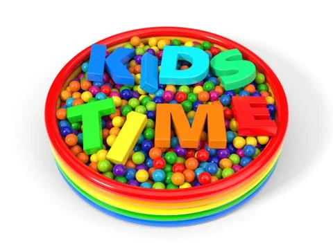 Plastic balls filled child pool with big letters. 3d illustration Stock Illustration