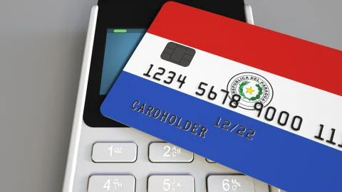 Plastic bank card featuring flag of Paraguay and POS payment terminal Illustrazione stock