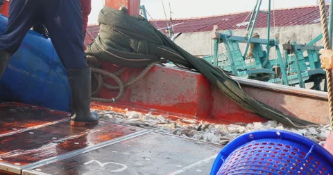 Plastic barrel filled with ice and freshly caught fish is being unloaded on boat Stock Footage 276040493