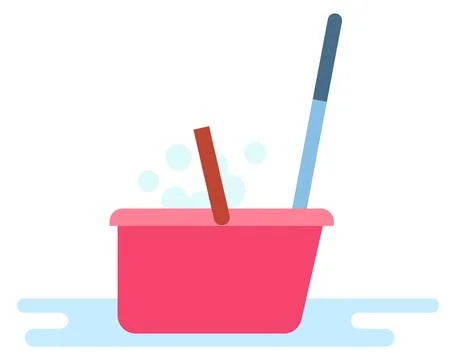 Plastic basin with cleaning tools. Housework icon Illustrazione stock