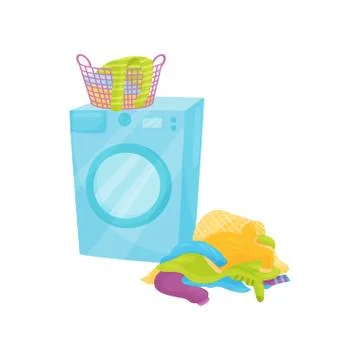 Plastic basket full of clean clothes on washing machine and pile of dirty Illustrazione stock