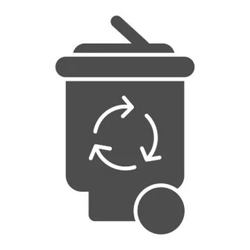 Plastic bin with recycling sign solid icon. Waste sorting bucket, trash Stock Illustration