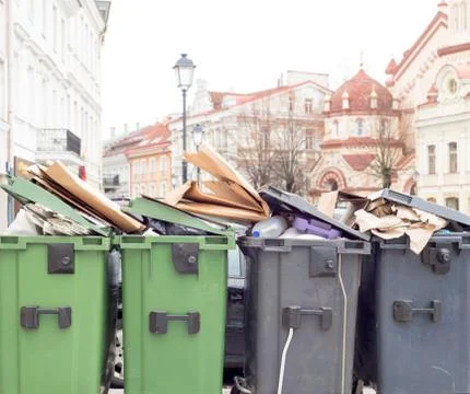 Plastic bins full of trash Stock Photos