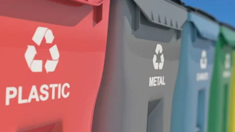 Plastic bins, garbage cans, recycling. Colored boxes, waste sorting, metal etc Stock Footage 133330184