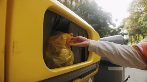Plastic bins, garbage cans, recycling. Colored boxes, waste sorting, metal Stock Footage 265162298