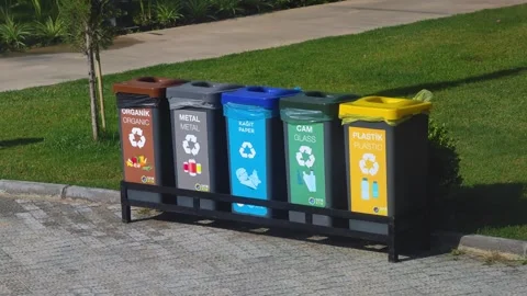 Plastic bins, garbage cans, recycling. Colored boxes, waste sorting. Stock Footage 317844268