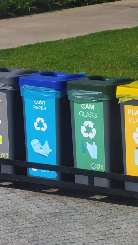 Plastic bins, garbage cans, recycling. Colored boxes, waste sorting. Stock Footage 318079945