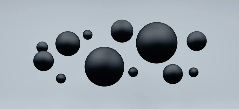 Plastic black balls flying on grey background Stock Illustration