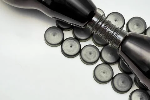 Plastic black bottles with corks for beer, kvass, lemonade, ale, malt Stock Photos