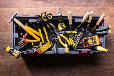 Plastic Black Container With Many Tools Stock Photos