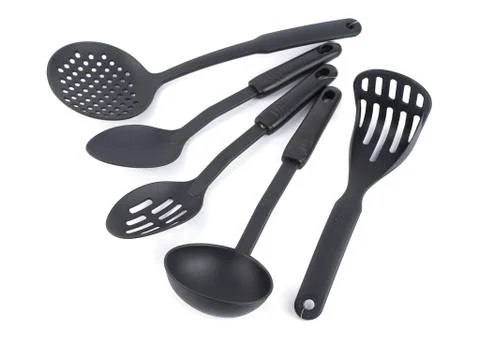 Plastic black kitchenware collection isolated on white background Stock Photos