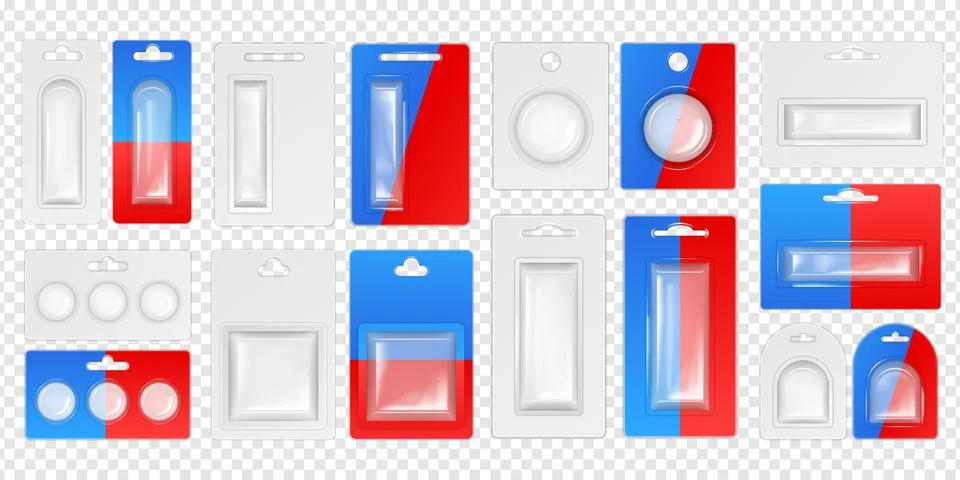 Plastic blister. Transparent box pack. Empty bag from cardboard or 3D pvc Stockillustratie