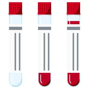 Plastic blood test tubes with cap icon set with and without red liquid sample Stock Illustration