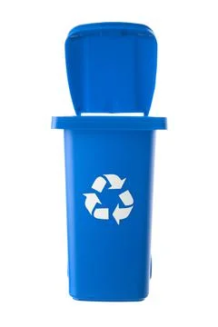 Plastic blue trash can isolated on white background Stock Photos