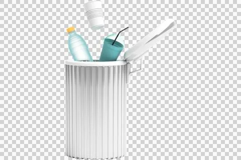 Plastic bottle and cup being thrown into a white trash can Stock Illustration