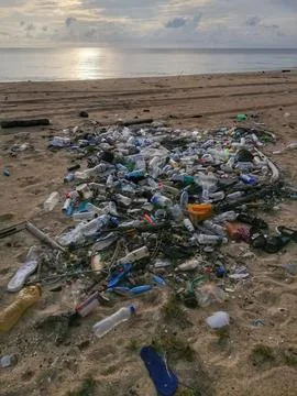 Plastic bottle and garbage on beach Stock Photos