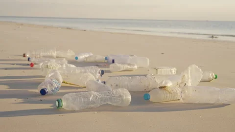 Plastic bottle on beach, marine litter, microplastics ocean pollution Stock Footage 336489635