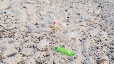 Plastic bottle in beach sand, pollution concept, stop motion, trash, garbage Stock Footage 336491914