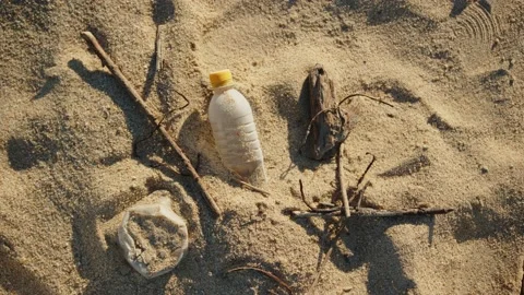 Plastic bottle on a beach with small tree sticks, Pollution 库存影片 234201539