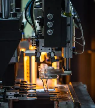 Plastic bottle on blowing machine Foto stock