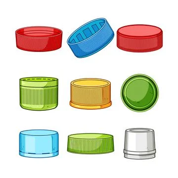 Plastic bottle cap set cartoon vector illustration Stock Illustration