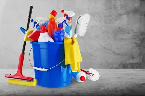 Plastic bottle, cleaning sponge and gloves Stock Photos